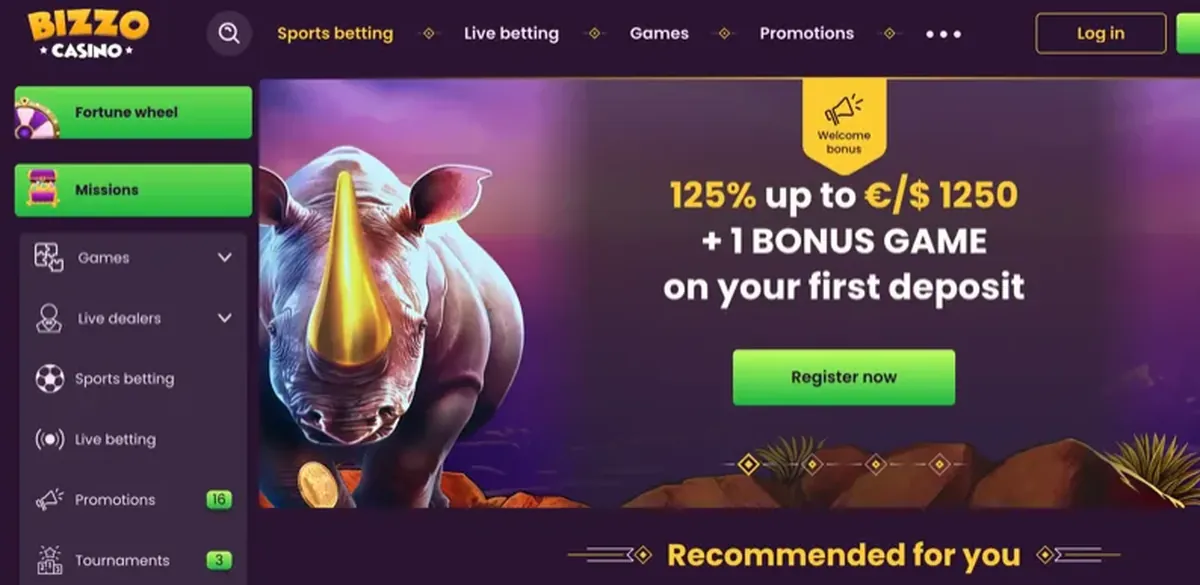 Bizzo Casino úvodná stránka