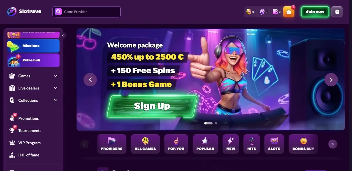 SlotRave Casino úvodná stránka
